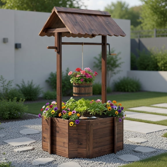 Demifill Rustic Fir Wood Outdoor Wishing Well Planter with Hanging Bucket Garden Decor for Patio Yard & Porch, Rustic Brown