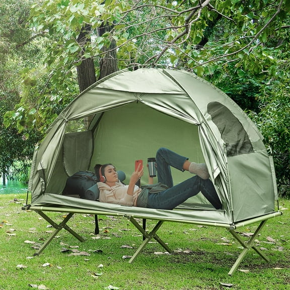 Demifill Single Person Camping Tent Cot Combo - Green, Foldable Off-Ground Tent Bed with Cover & Carry Bag for Hiking & Camping