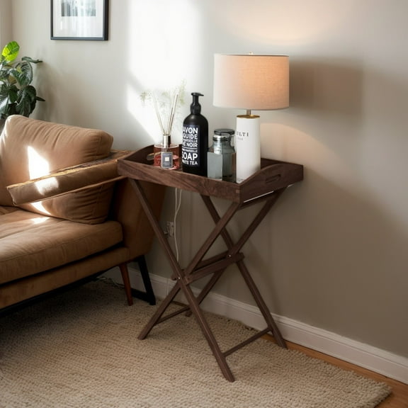 Demifill Solid Teak Wood Tray Table with Removable Tray Top, PatioCoffeeTable for Outdoor as Garden, Backyard, Porch, Brown