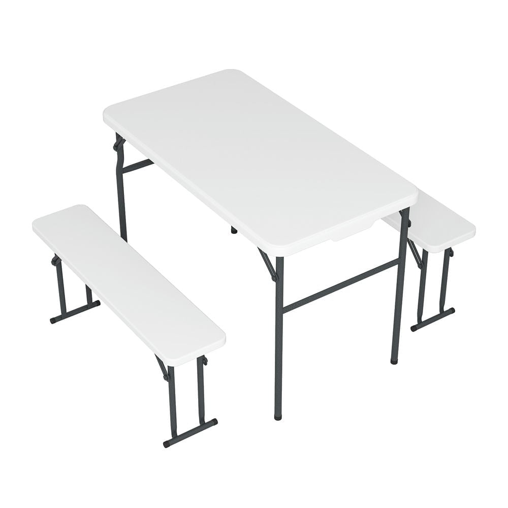 Demifill Space-Saving Table Set with 2 Benches and Smooth Tabletop, 6 Ft Camping Table Chair Set, 3 Pieces Integrated Storage Furniture for Indoor or Outdoor Use, White Demifill Space-Saving Table Set with 2 Benches and Smooth Tabletop, 6 Ft Camping Table Chair Set, 3 Pieces Integrated Storage Furniture for Indoor or Outdoor Use, White