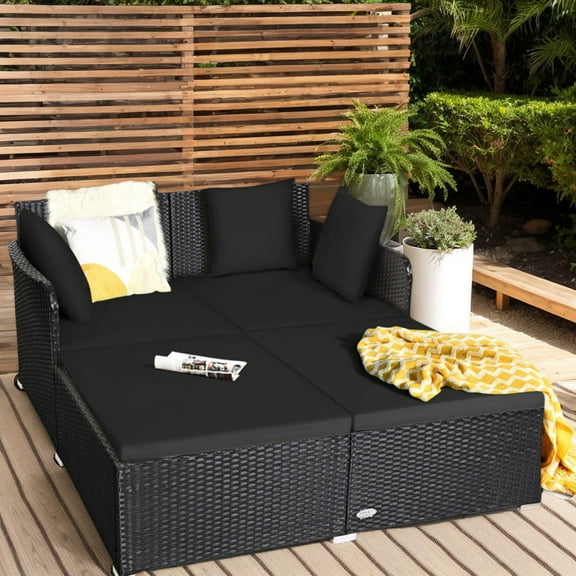 Demifill Spacious Outdoor Rattan Daybed with Upholstered Cushions and Pillows, Outdoor Sectional, Rattan Daybed for Outdoor as Garden, Backyard, Porch, Black