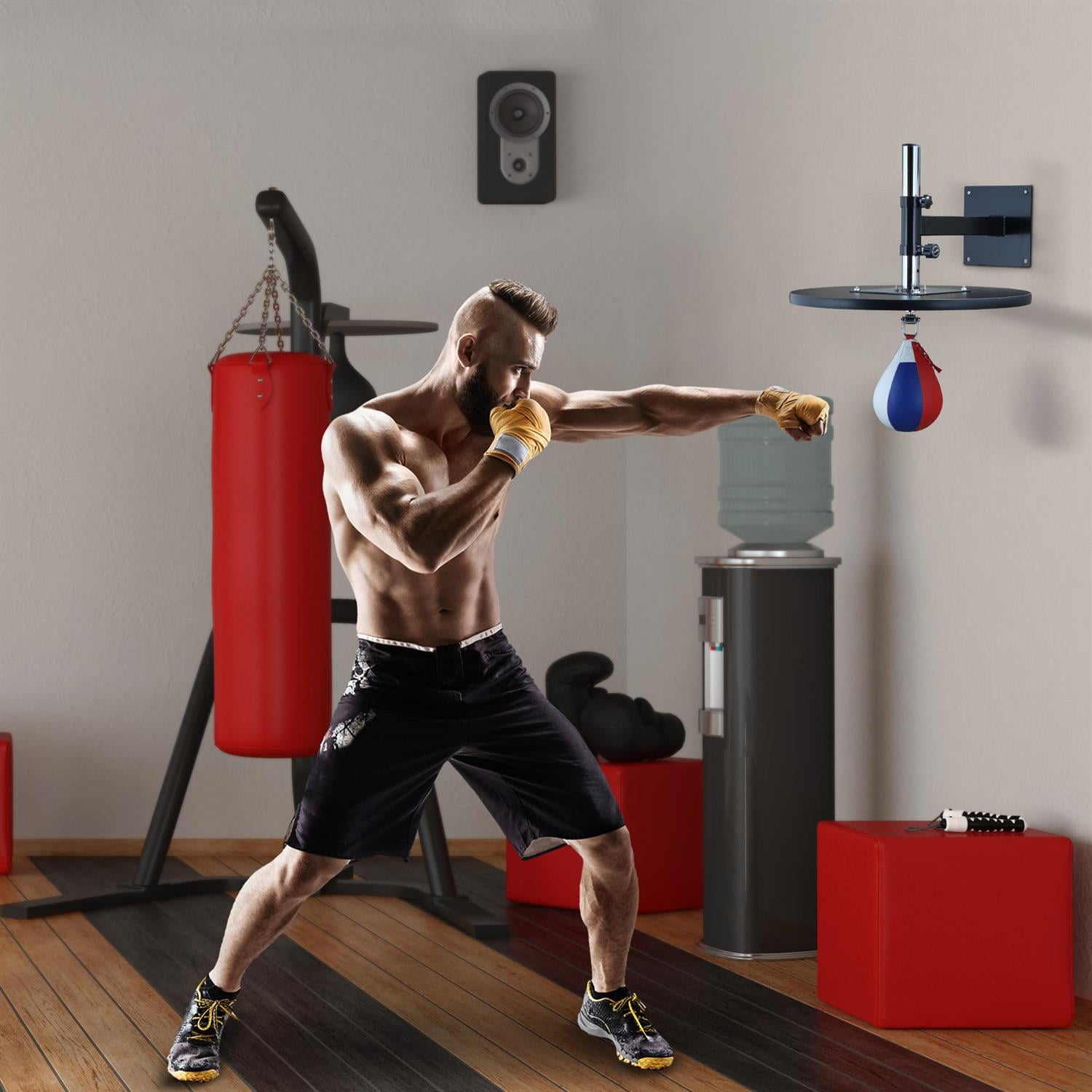 Demifill Speed Bag Boxing Punching Bag - 9" H x 7" Dia., With Heavy-Duty Steel Platform, Wall Mount Height Adjustable PVC Leather MMA Training Equipment