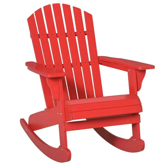 Demifill Wooden Adirondack Rocking Chair with Fanned Back, Lounge Chair Fire Pit Seating with Slatted Wooden Design for Balcony, Yard, Garden, Red