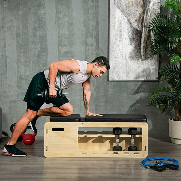 Demifill Wooden Adjustable Incline Weight Bench - With Dumbbell Rack & Resistance Bands for Home Gym