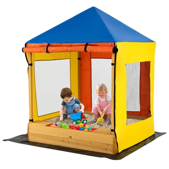 Demifill Wooden Canopy Sandbox, Mesh Windows, Large Sand Pit, Bench Seats, Solid Fir Wood, Multicolor