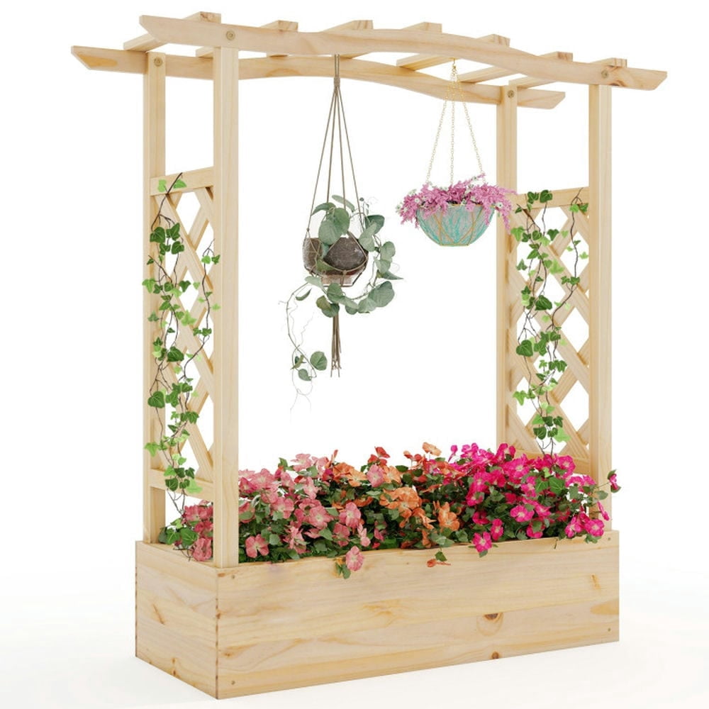 Demifill Wooden Raised Garden Bed Planter Box with Trellis and Hanging Roof, Raised Garden Bed, Brown
