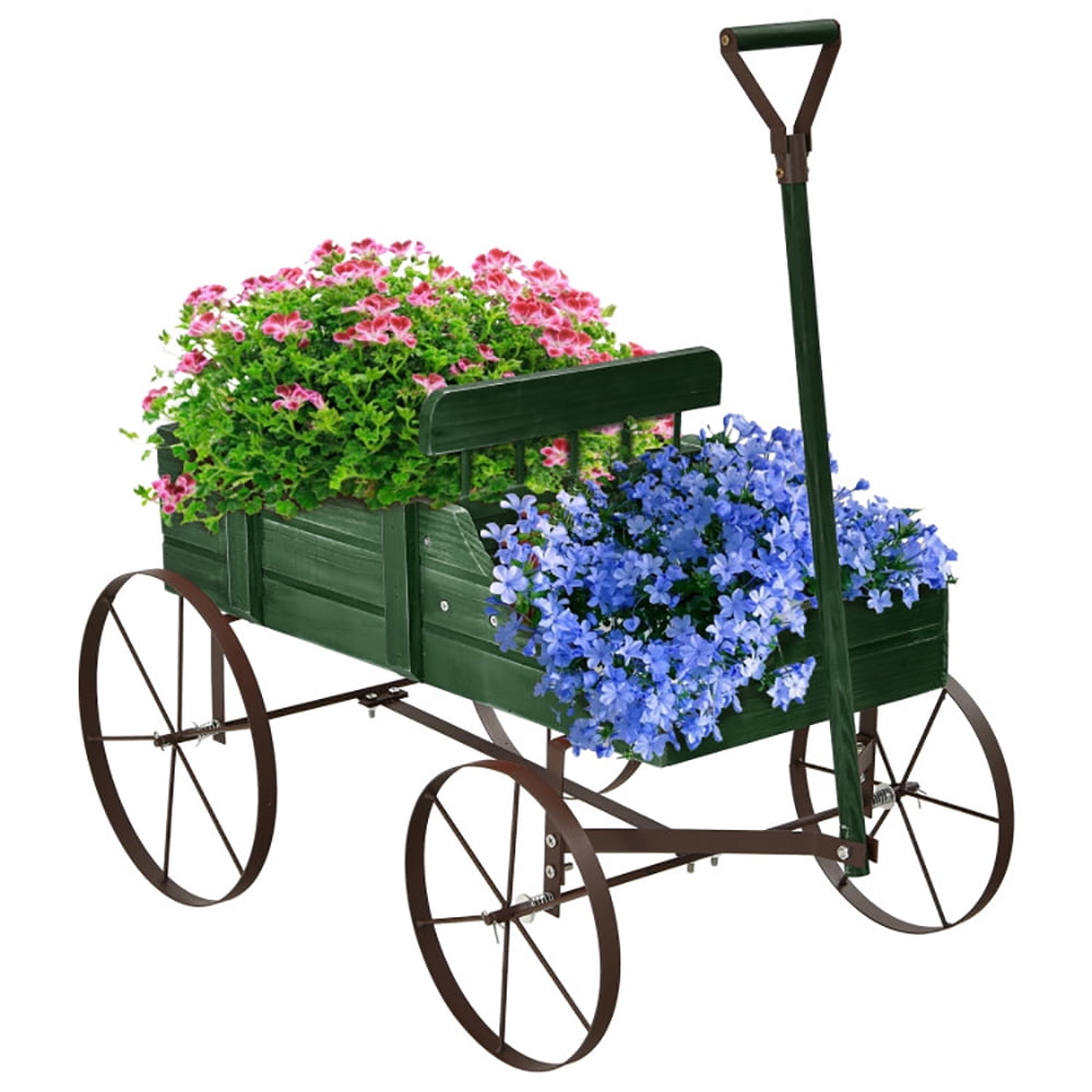 Green Fir Wood Wagon Planter with Metal Wheels