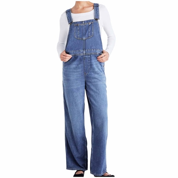 Demin Overalls For Women Adjustable Shoulder Strap Straight Leg Multi Pockets Bib Pants Casual Loose Stylish Outfits (L, Blue)