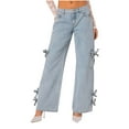 thumbnail image 1 of Demin Pants For Women Zipper Button Down Straight Leg Bow Jeans Casual Stylish Loose Trousers With Pockets (S, Light Blue), 1 of 8