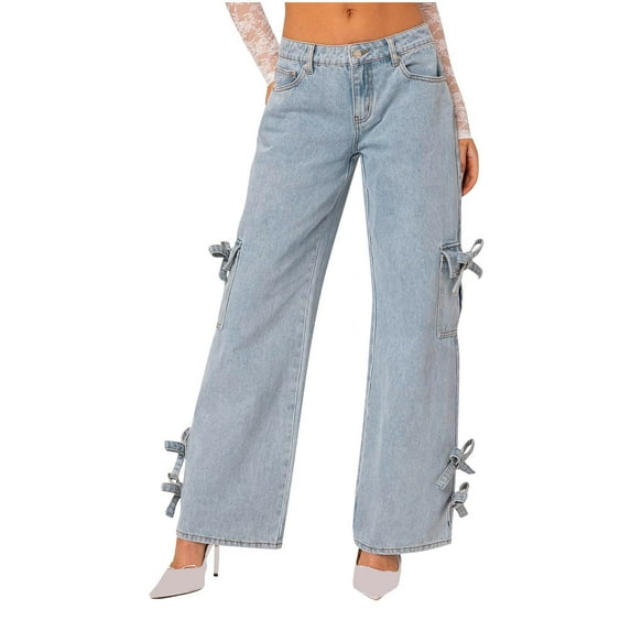 Demin Pants For Women Zipper Button Down Straight Leg Bow Jeans Casual Stylish Loose Trousers With Pockets (XL, Light Blue)