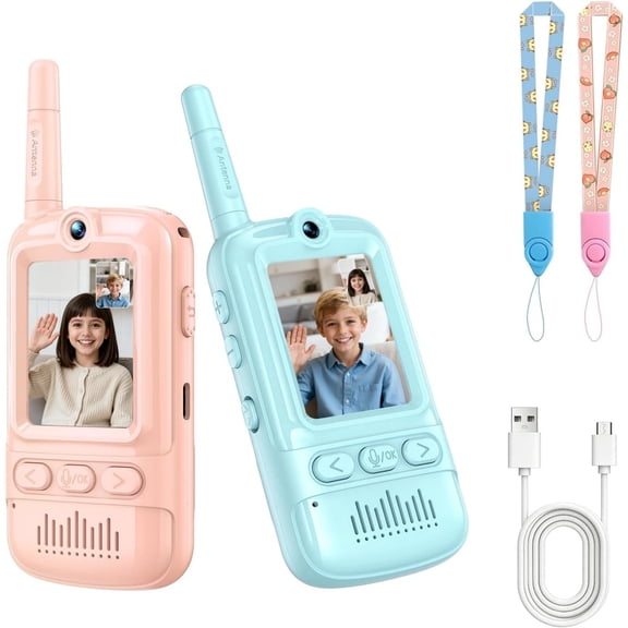 Demine Video Walkie Talkies for Kids, 2 Pack Rechargeable Video Intercom Kids Walkie Talkies, Long Range Two Way Radio, Kid Indoor Outdoor Toys Birthday Gift for Age 3-12(Blue/Pink)