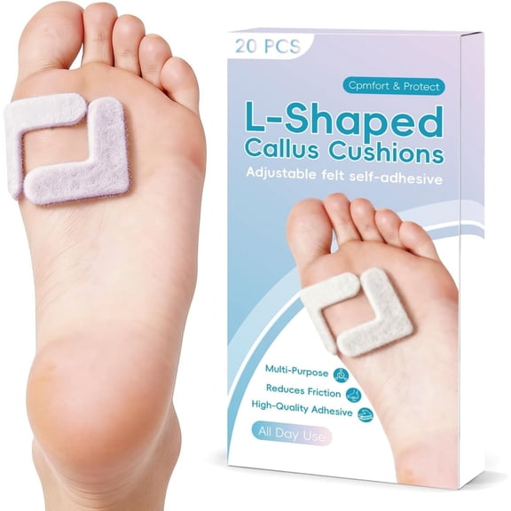 Demine L-Shaped Felt Callus Cushions, Self Adhesive Foot Callus Pads, 20Pcs Keep Calluses from Rubbing on Shoes, Adhesive Pads for Men and Women, Purple