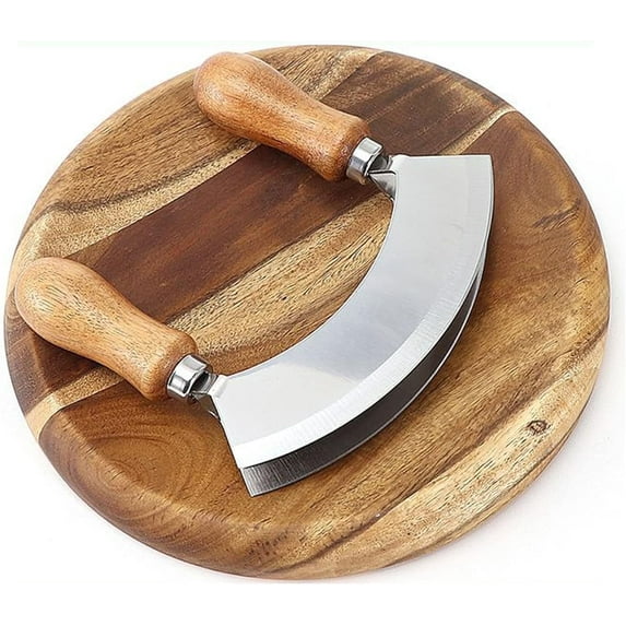 Demine Mezzaluna Knife and Round Cutting Board - Stainless Steel Double Blade Chopping Knife Pizza Cutter Rocker With Wood Cutting Board