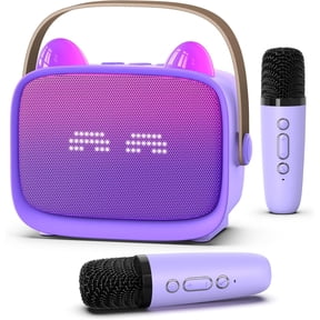Demine Upgraded Mini Karaoke Machine Toy, Portable Bluetooth Speaker with 2 Wireless Mics, Built-in Phone Holder & Emoji LED Lights, Christmas Birthday Party Play Gifts for Boys Girls