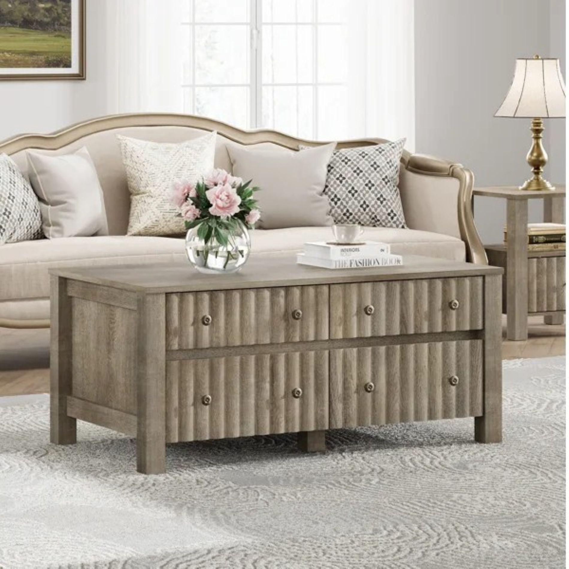 Demiya 4-Drawer Coffee Table, Modern Gray Wooden Center Table with Smooth Slide Rails, Sturdy Thickened Legs and Floor Pads, High Capacity Accent Table for Living Room