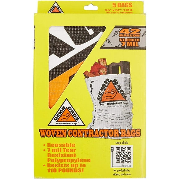 Demo Bags Demobags Contractor Trash, 42 Gallon, 5 Bags Per Pack-2481110