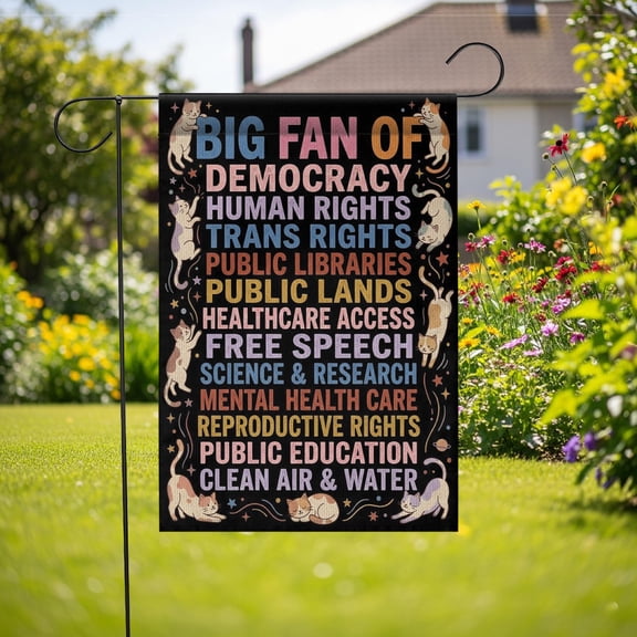 Democracy Cat Garden Flag, Social Justice Yard Sign, Humorous Feline Civic Duty Outdoor Decoration