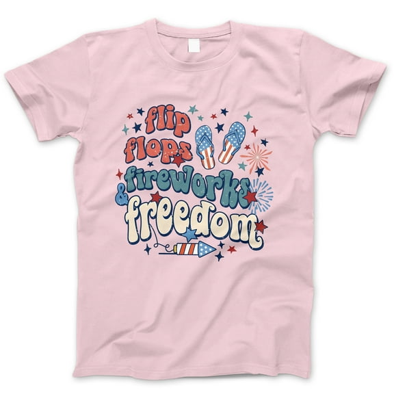 Flip Flops Fireworks and Freedom T-Shirt – Fun Patriotic 4th of July Tee with Red White Blue Graphic – Summer USA Shirt for Women, Teens, Family BBQs & Firework Nights