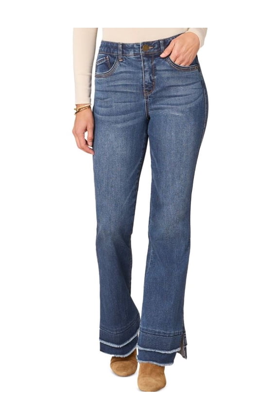 Women's Blue Petite High Rise Tiered-Hem Flare Jeans , 16P