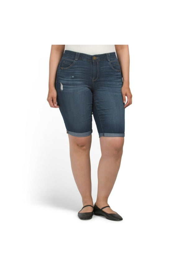 Women's Plus high rise Ab Solution distressed Denim Bermuda Shorts (Blue, 20w)