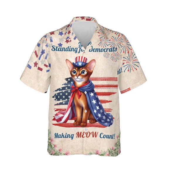 Democratic Abyssinian Cat Making Meow Count Election 2024 Hawaiian Shirt Breathable Summer Unisex Merch Cat Lover Kitten Owner Gifts - 01001