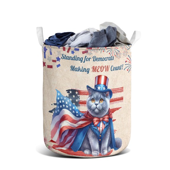 Democratic British Shorthair Cat Making Meow Count Election 2024 Foldable Laundry Basket Cat Lover Kitten Owner Gifts Organizer Storage with Handles - 01001