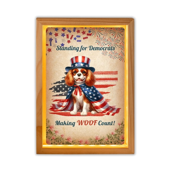 Democratic Cavalier King Charles Spaniel Making Woof Count Election 2024 Acrylic Plaque with Wood Photo Frame Box Dog Lover Gifts Light Box - 01001