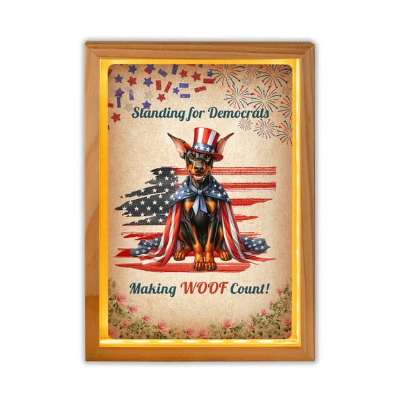 Democratic Doberman Pinscher Making Woof Count Election 2024 Acrylic Plaque with Wood Photo Frame Box Doberman Dog Lover Gifts Light Box - 01001
