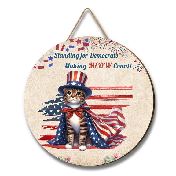 Democratic Manx Making Meow Count Election 2024 Round Wood Sign Cat Lover Kitten Owner Gifts Hanging Wall Home Decor - 01001