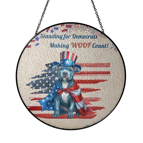 Democratic Pitbull Making Woof Count Election 2024 Stained Glass Suncatcher Terrier Dog Lover Window Hanging Sign Decor - 01001