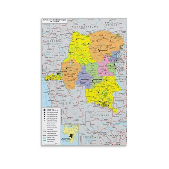 Democratic Republic of Congo Map Posters Painting On Canvas Wall Art Poster Scroll Picture Print Living Room Walls Decor Home Posters 20x30inch(50x75cm)