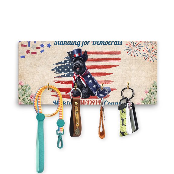 Democratic Scottish Terrier Making Woof Count Election 2024 Wood Key Holder Scottie Dog Lover Gifts Wall-mounted Key Rack Home Decor - 01001