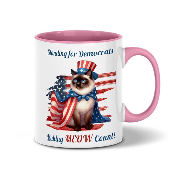 Democratic Siamese Cat Making Meow Count Election 2024 11oz Accent Two-tone Mug Cat Lover Kitten Owner Gifts Coffee Tea Cup - 01001