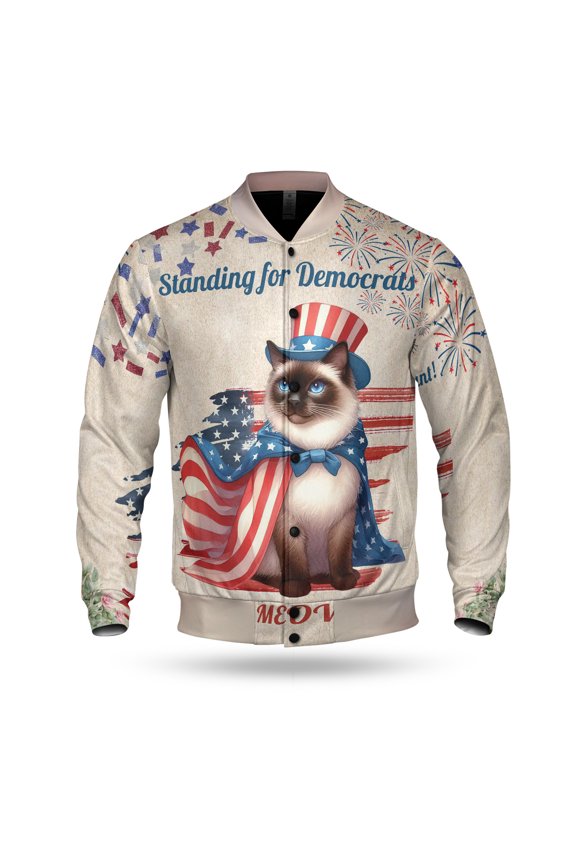 Democratic Siamese Cat Making Meow Count Election 2024 All Over Print 3D Baseball Jacket Cat Lover Kitten Owner Gifts Bomber Jacket Softball - 01001