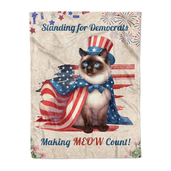 Democratic Siamese Cat Making Meow Count Election 2024 Cozy Fleece Blanket Cat Lover Kitten Owner Gifts Warm Soft Throw Blanket - 01001