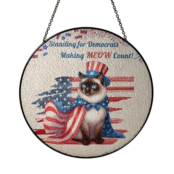Democratic Siamese Cat Making Meow Count Election 2024 Stained Glass Suncatcher Cat Lover Kitten Owner Gifts Window Hanging Sign Decor - 01001