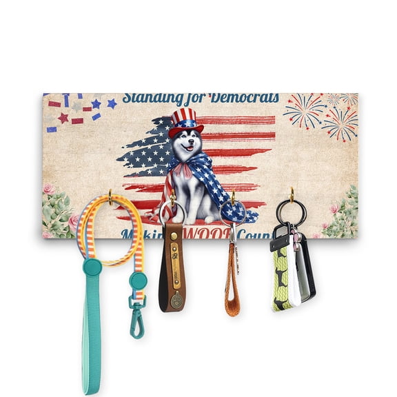 Democratic Siberian Husky Making Woof Count Election 2024 Wood Key Holder Husky Dog Lover Gifts Wall-mounted Key Rack Home Decor - 01001