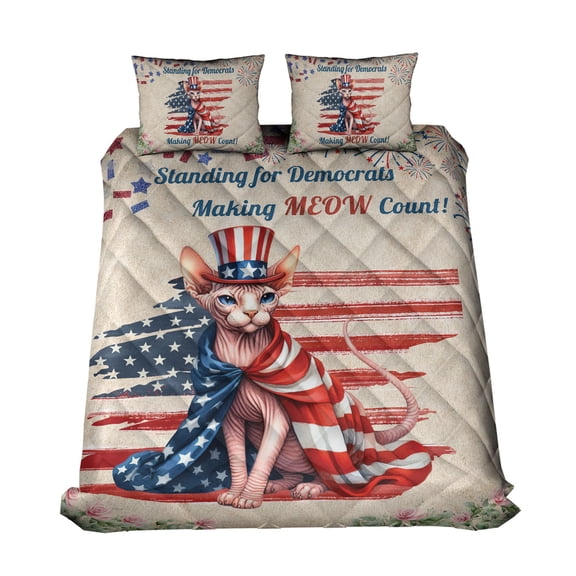 Democratic Sphynx Cat Making Meow Count Election 2024 Quilt Bedding Set Cat Lover Kitten Owner Gifts Idea 1 Blanket Bed Cover 2 Pillowcases - 01001