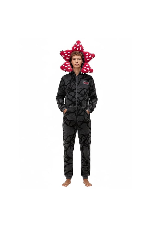 Demogorgon Costume Onesie Pajamas – Fuzzy Fleece Hooded Jumpsuit, Warm Long Sleeve Cosplay Loungewear L