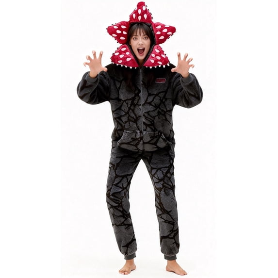 Demogorgon Hooded Jumpsuit Onesie with Red Polka Dot Hood, Black Thermal Fall Winter Sleepwear