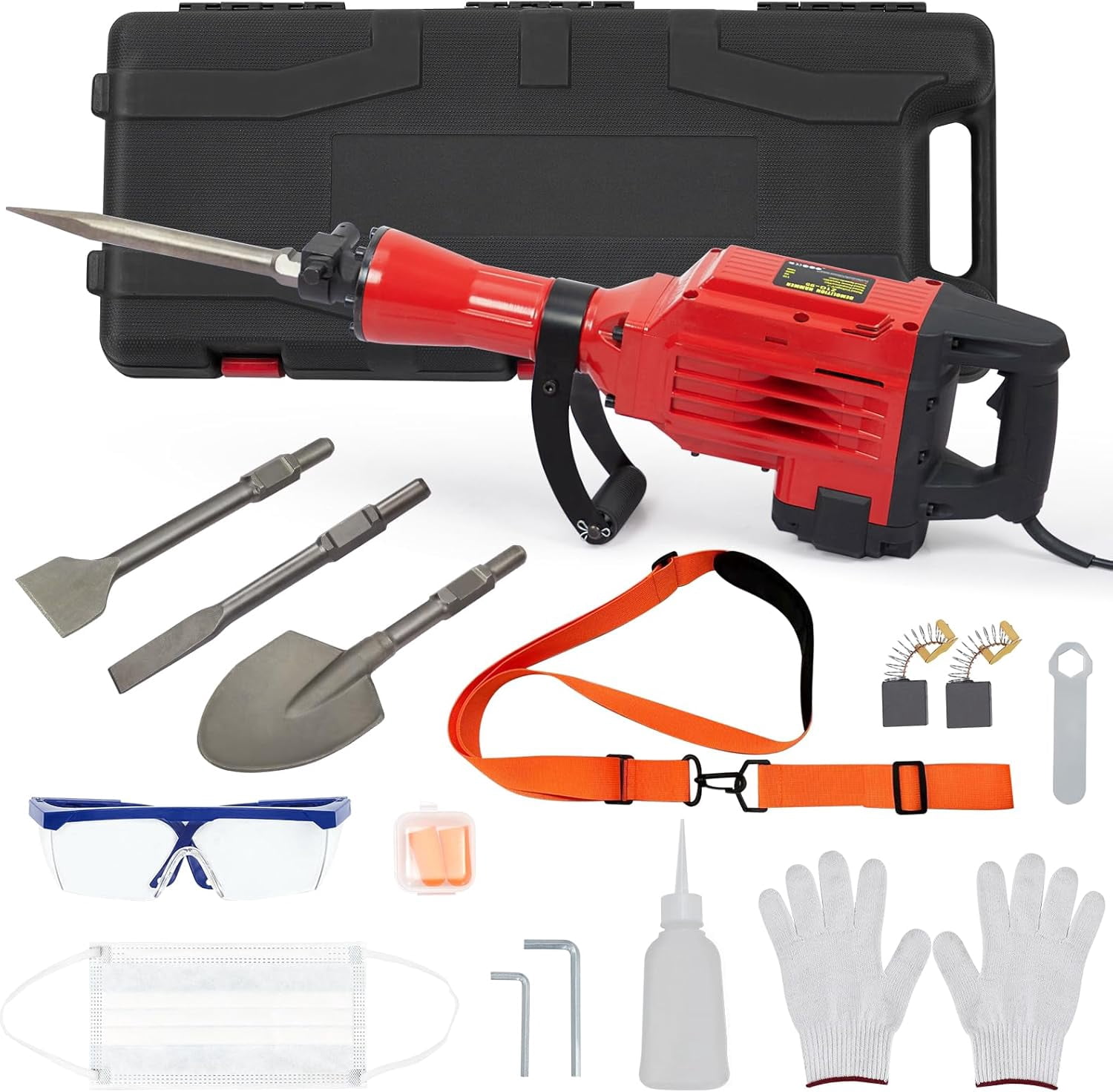 Demolition Hammer 3600W, 1800 Bpm Concrete Breaker, 4pcs Bits, Noise-Reducing Earplugs, Ergonomic Shoulder Strap, and Durable Carrying Case