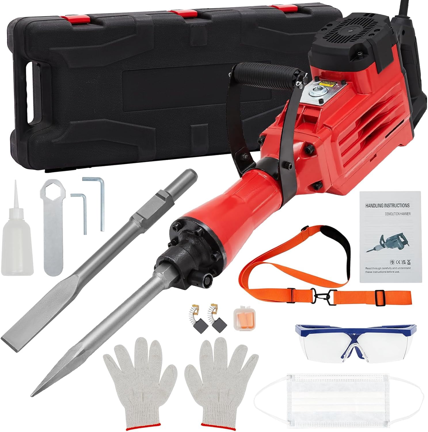 Demolition Hammer, Heavy Duty 3600W Electric Jackhammer, 1800 BPM Concrete Breaker 2pcs Chisels Bit Chipping W/Case, Gloves