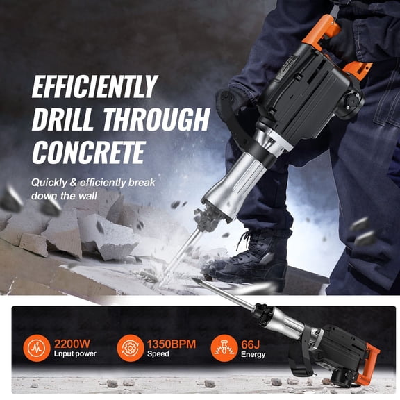 Demolition Jack Hammer, 1350 BPM Concrete Breaker 6pcs Chisels Bit Chipping with Case, 2200W Electric Jackhammer Heavy Duty, Black