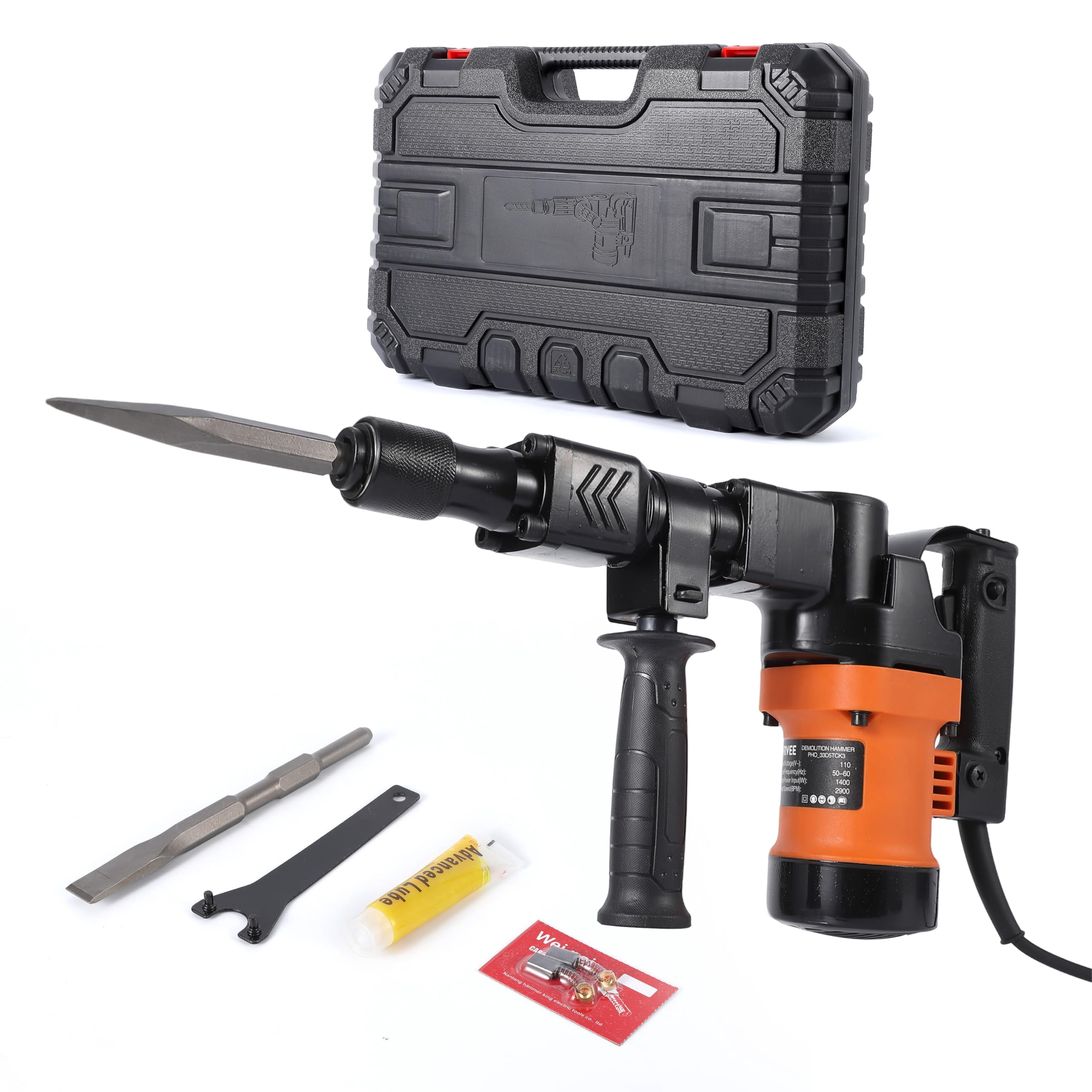 Demolition Jack-Hammer,1400W Electric Jackhammer Heavy Duty with 2 Bits 360 Degree Swiveling Handle Carrying Case Gloves for Trenching and Breaking Holes
