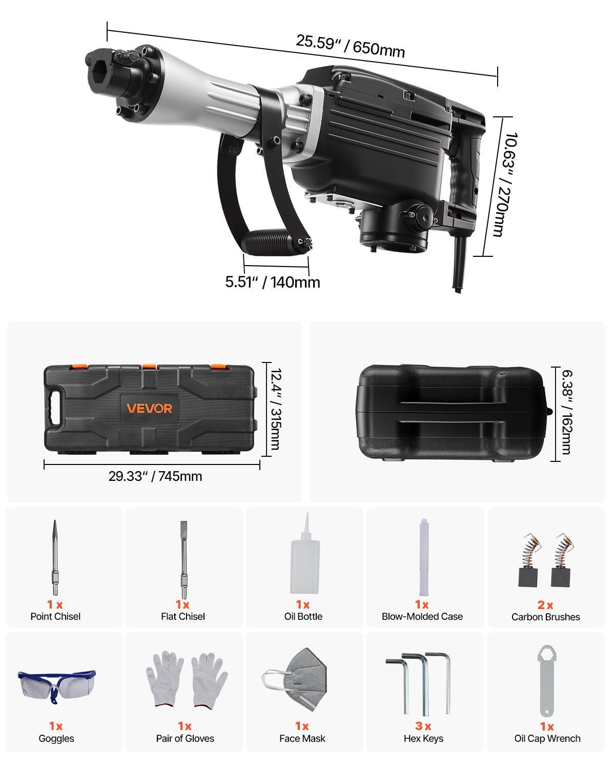 Demolition Jack Hammer, 2800W Heavy-Duty Electric Concrete Breaker, 1200 BPM with Point Chisel, Flat Chisel, Carrying Case & Gloves for Concrete, Wall, Brick, Tile, Foundation Demolition