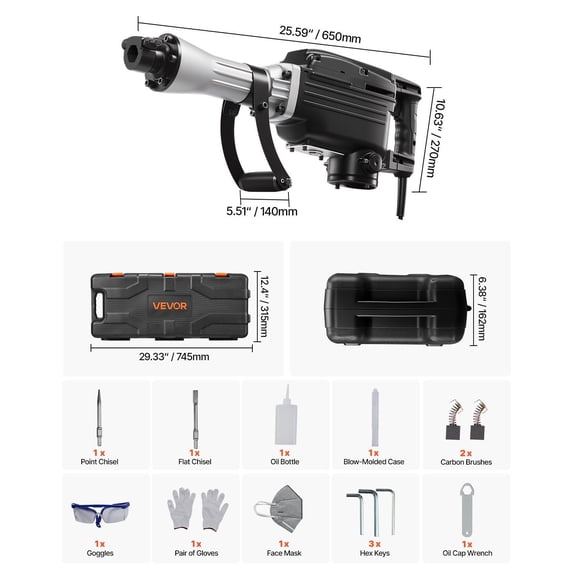 Demolition Jack Hammer, 2800W Heavy-Duty Electric Concrete Breaker, 1200 BPM with Point Chisel, Flat Chisel, Carrying Case & Gloves for Concrete, Wall, Brick, Tile, Foundation Demolition