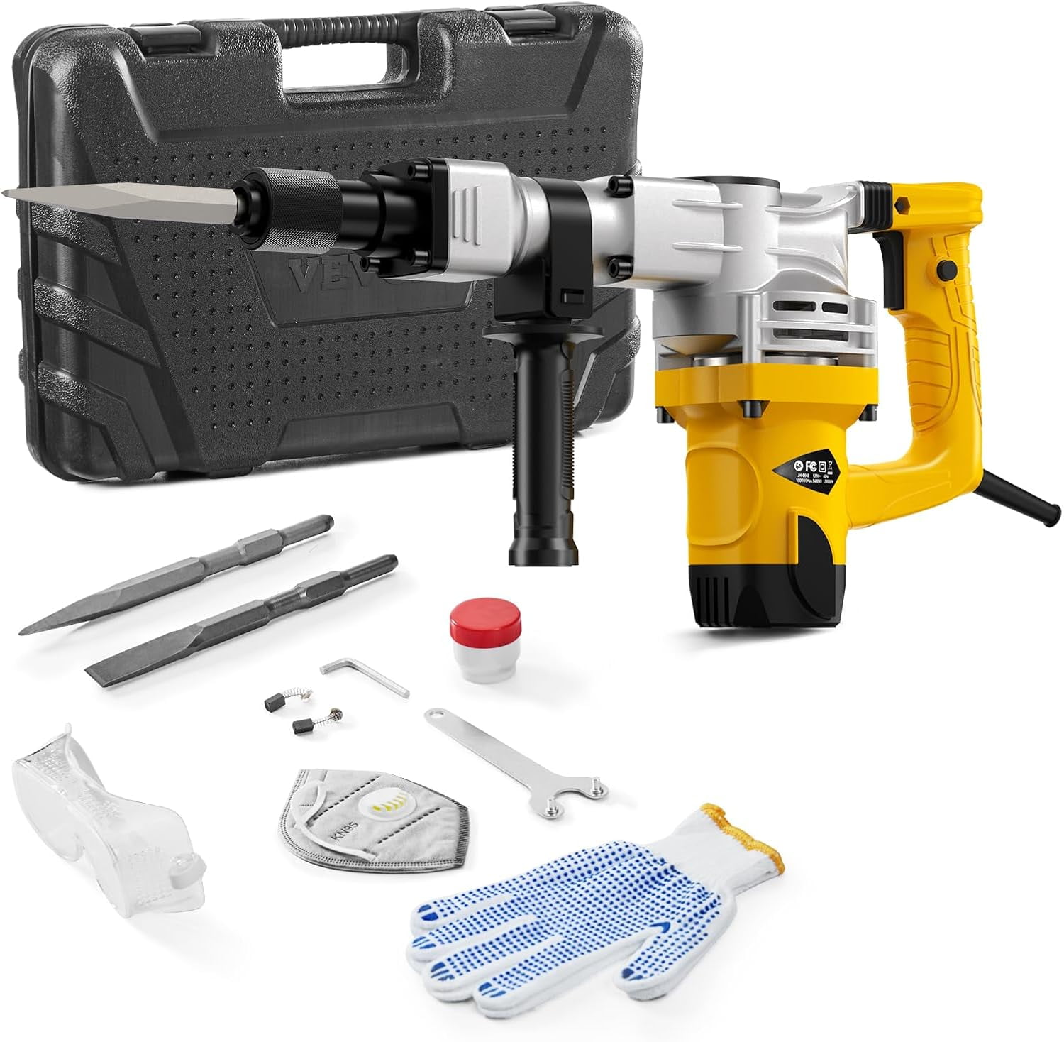 Demolition Jack Hammer, MAX 1400W Electric Jackhammer Heavy Duty, 2900 BPM Concrete Breaker 2pcs Chisels Bits Chipping W/Case, Gloves