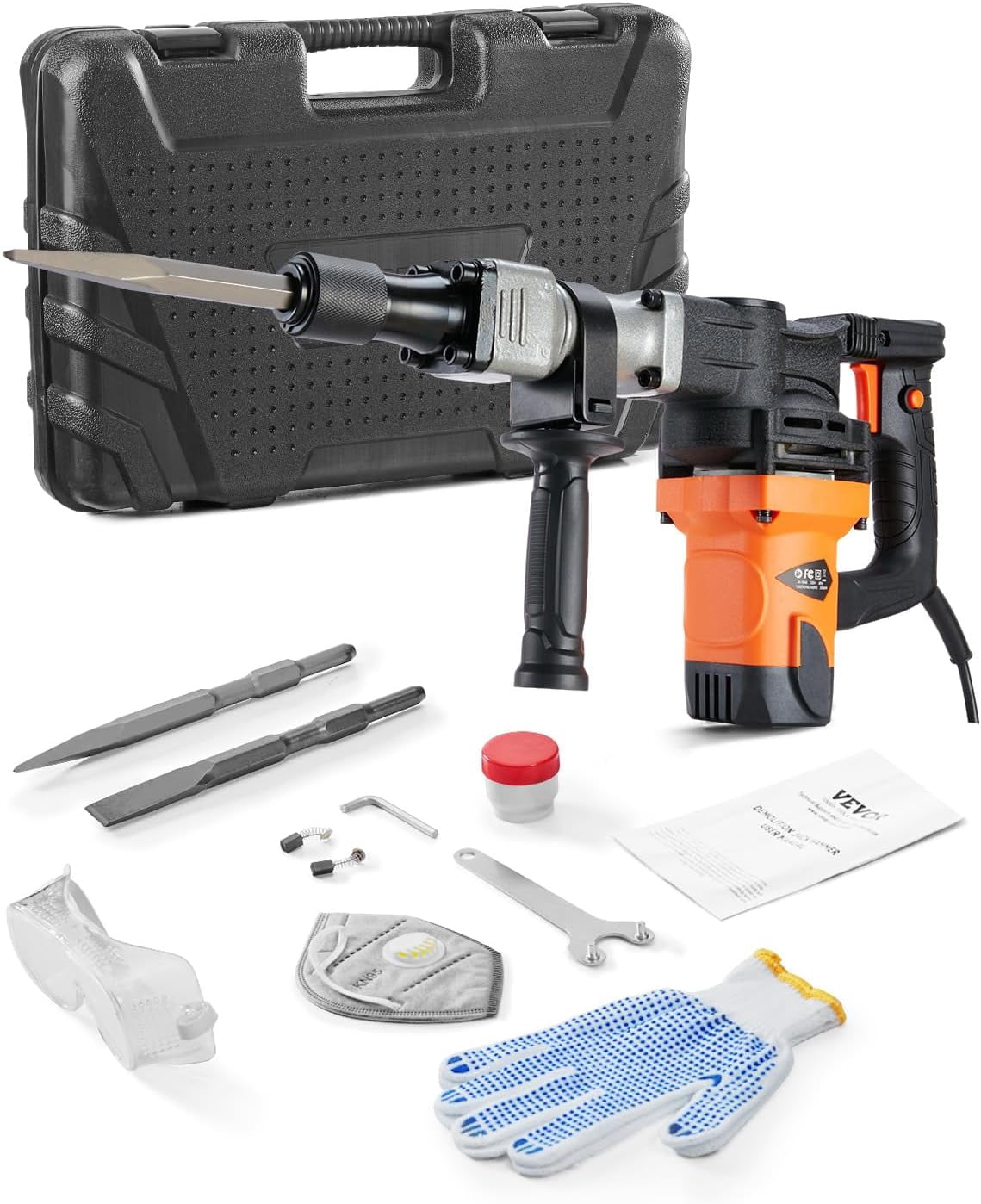 Demolition Jack Hammer, MAX 1400W Electric Jackhammer Heavy Duty, 2900 BPM Concrete Breaker 2pcs Chisels Bits Chipping W/Case, Gloves