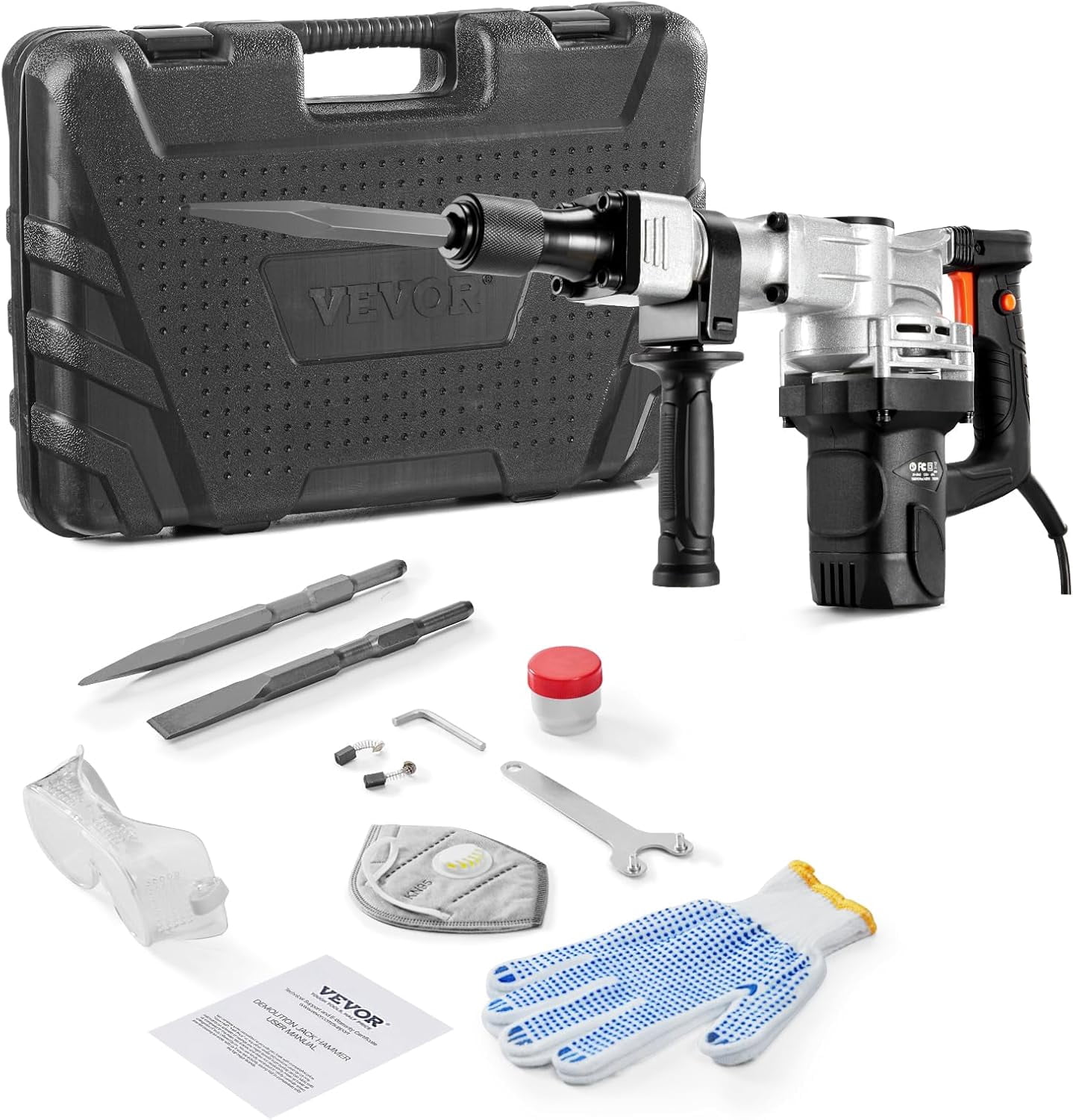 Demolition Jack Hammer, MAX 1400W Electric Jackhammer Heavy Duty, 2900 BPM Concrete Breaker 2pcs Chisels Bits Chipping W/Case, Gloves