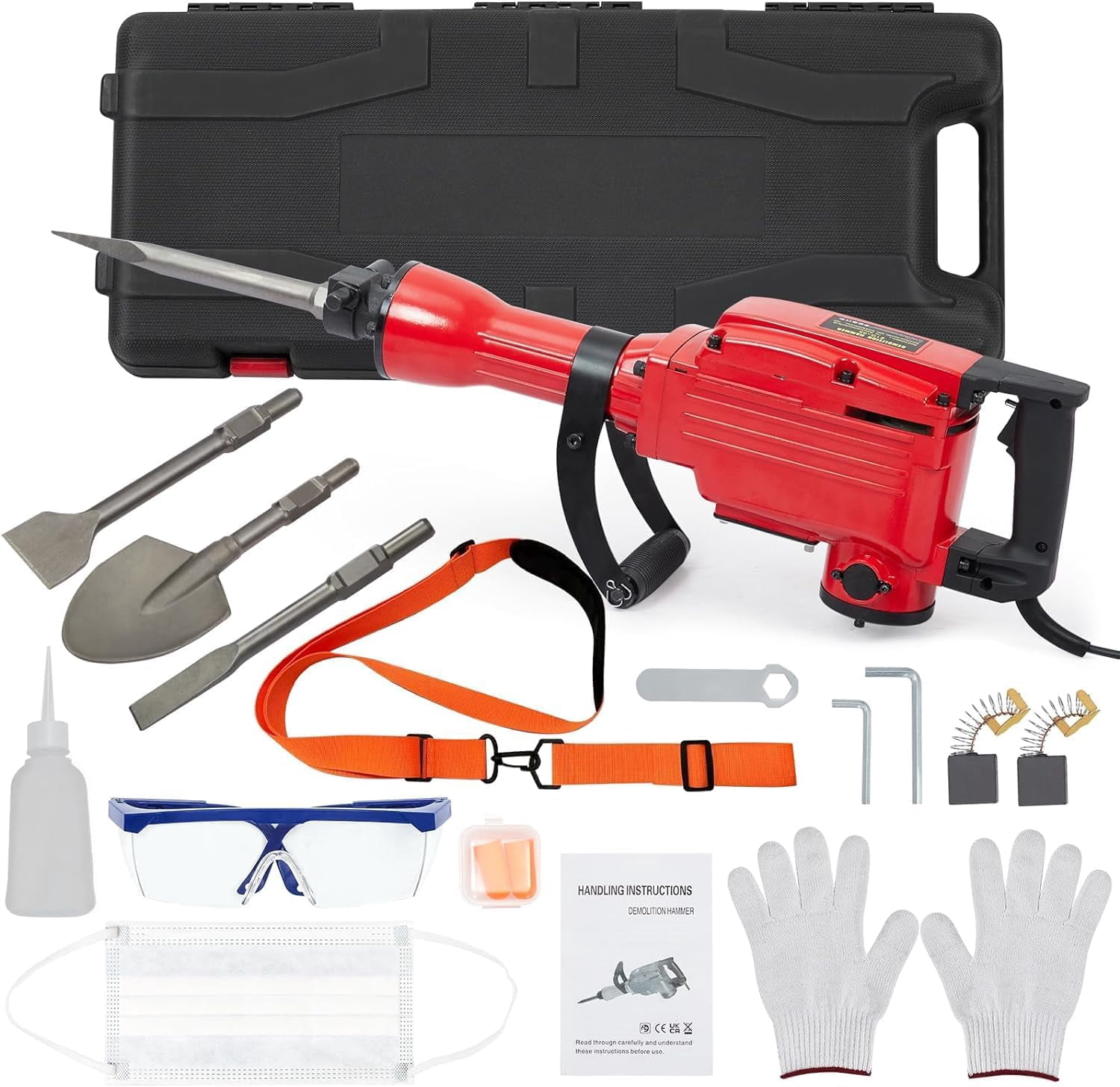 Demolition JackHammer, 2200W, 1400 BPM Electric Jack Concrete Breaker, 4pcs Chisels Bit Chipping w/Case, Noise-Canceling Earplug, Shoulder Strap,Gloves